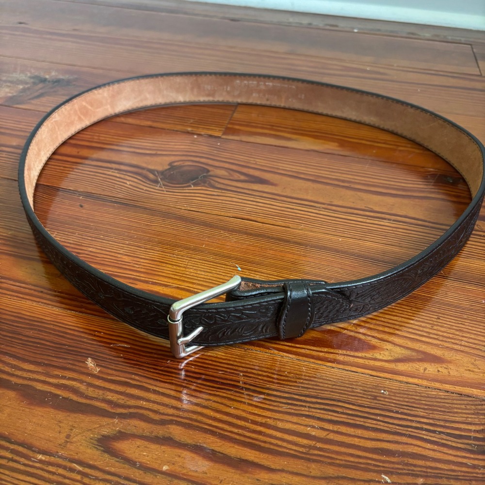 Schaeffer Black Tooled Leather Western Belt Mens Size 46 Floral Scroll Stamped